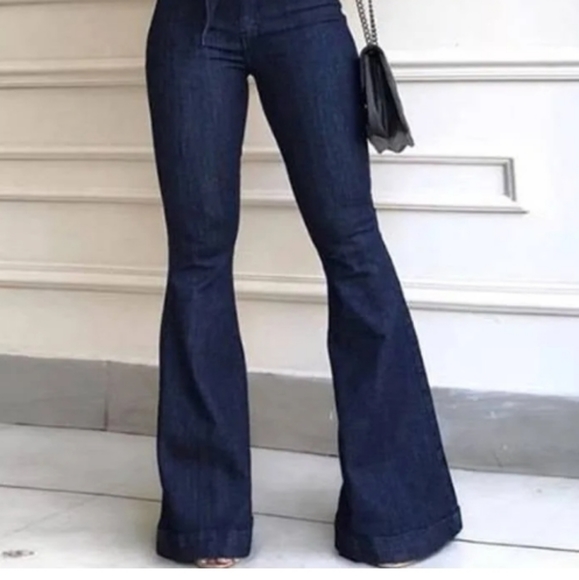 MetHera Denim - Womens bell bottom high rise zip fly flare leg stretch denim jeans.